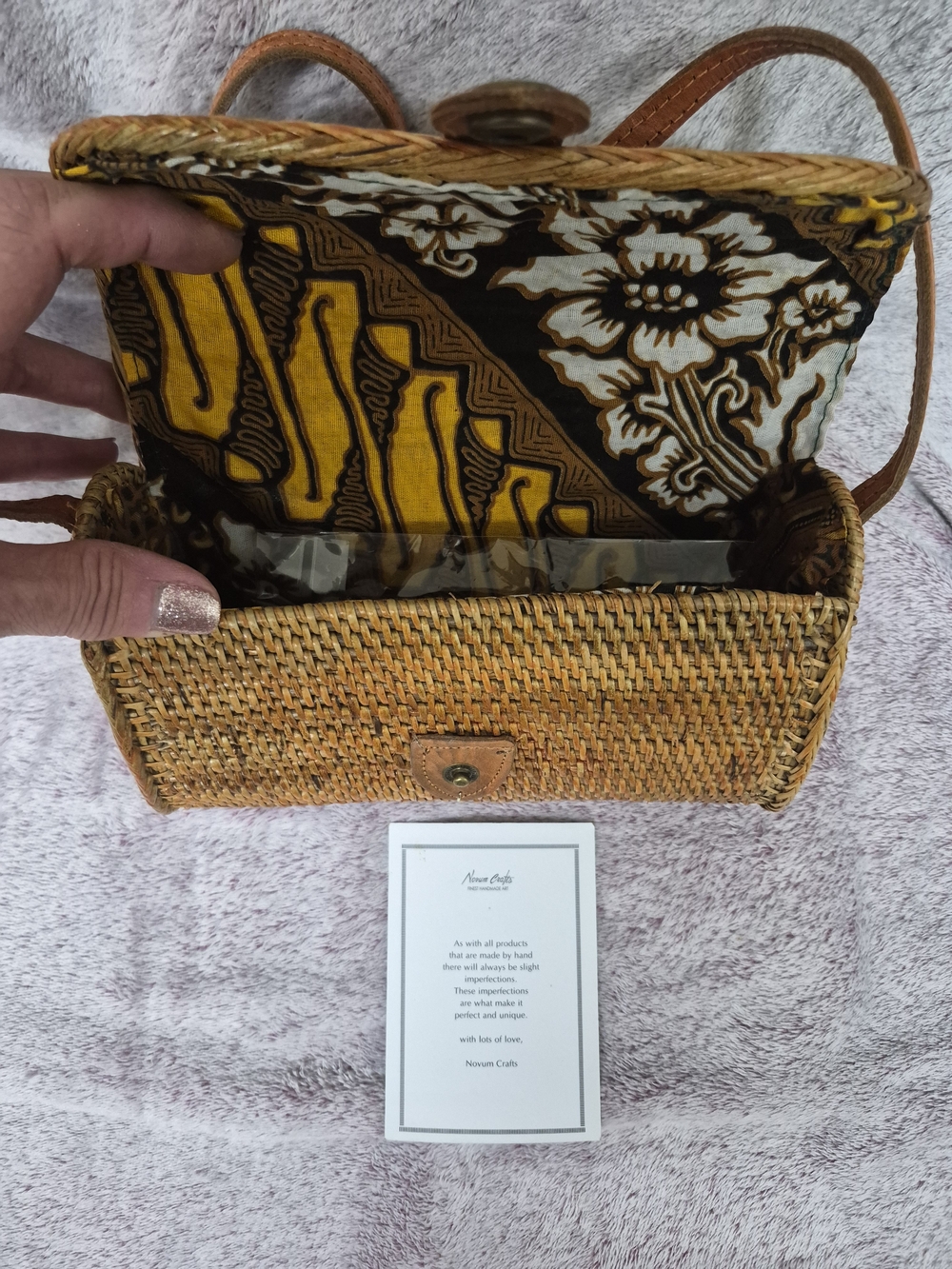 Handwoven Rattan Crossbody Bag with Yellow Batik Lining